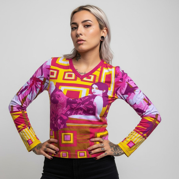 Hayes Custo Barcelona Size Medium Long Sleeve Purple Orange Pop Art Pattern Top - Picture 1 of 5